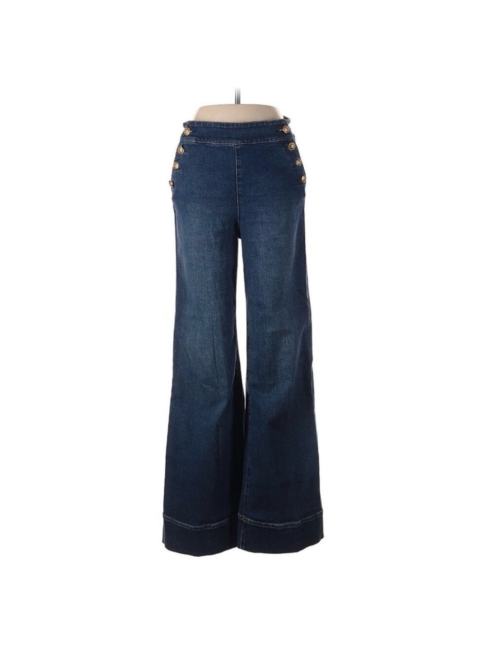 Alice + Olivia Dark Blue High-Rise Wide Leg Jeans with Gold Buttons